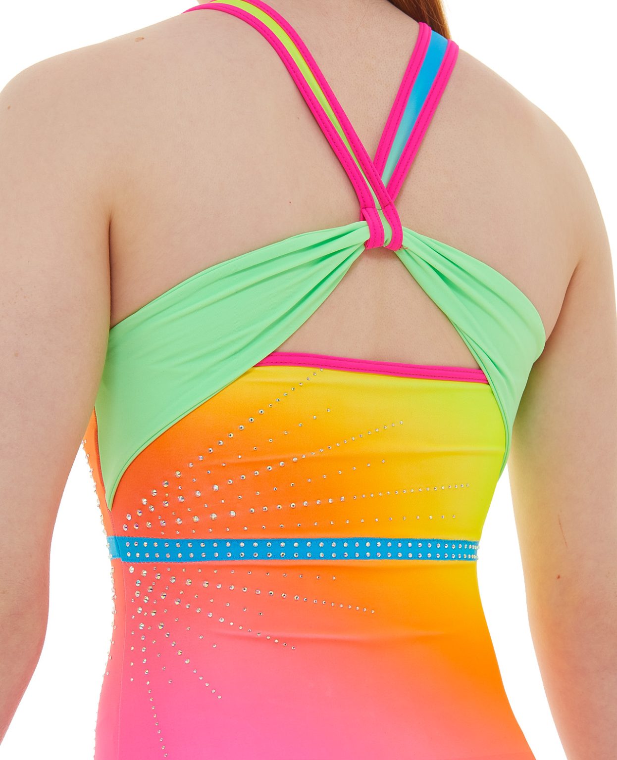 neon bright rainbow ombre gymnastics open back leotard