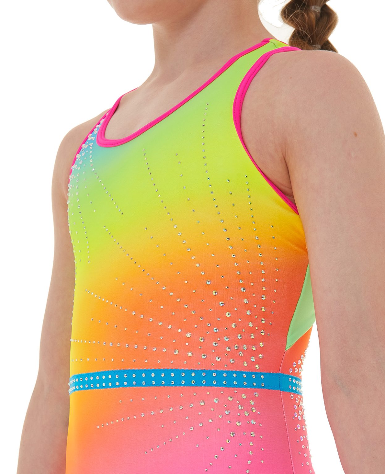 neon bright rainbow ombre gymnastics open back leotard