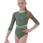 new lycra 3/4 sleeve lycra leotard khaki and neon green mesh sleeves