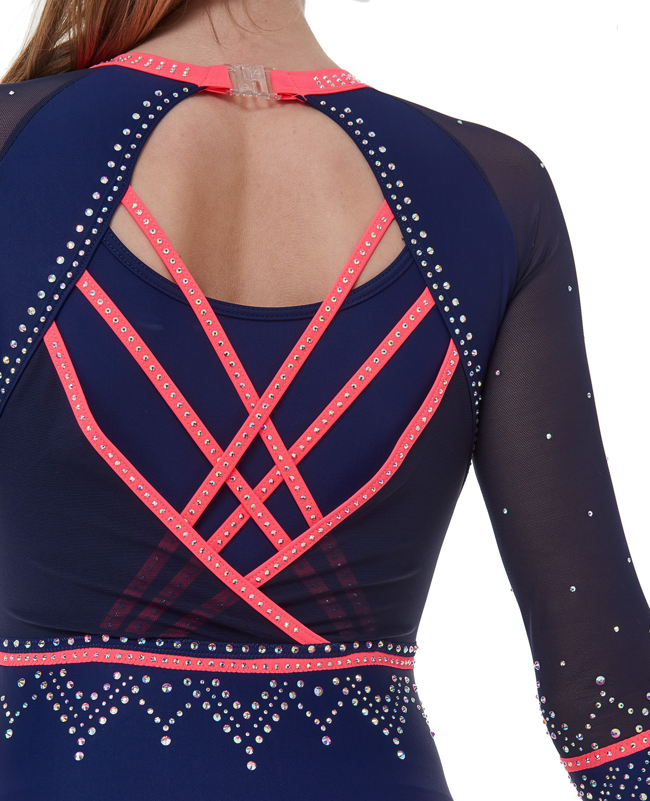 long_sleeve_leotard_maeve_navy_02 new lycra 3/4 sleeve lycra leotard navy and neon coral binding mesh sleeves