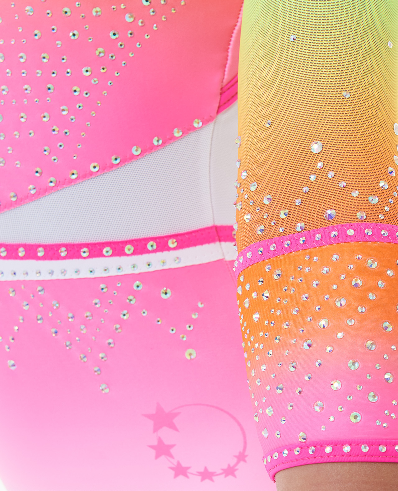long_sleeve_leotard_maeve_neon_ombre_01 new lycra 3/4 sleeve pink, white ombre lycra leotard and neon pink binding mesh sleeves AB crystals