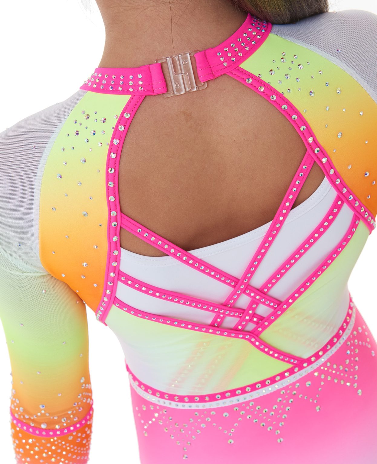 long_sleeve_leotard_maeve_neon_ombre_02 new lycra 3/4 sleeve pink, white ombre lycra leotard and neon pink binding mesh sleeves AB crystals