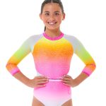 new lycra 3/4 sleeve pink, white ombre lycra leotard and neon pink binding mesh sleeves AB crystals