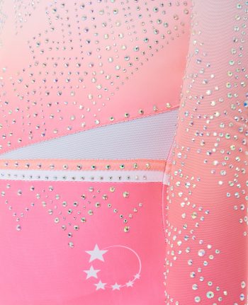 new lycra 3/4 sleeve pink white ombre lycra leotard and neon coral binding mesh sleeves AB crystals