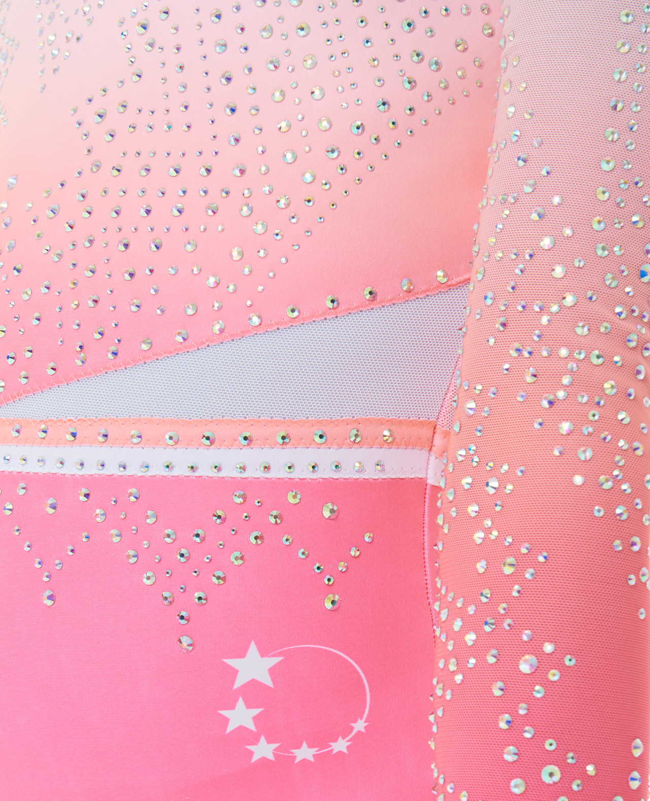long_sleeve_leotard_maeve_peach_ombre_01 new lycra 3/4 sleeve pink white ombre lycra leotard and neon coral binding mesh sleeves AB crystals