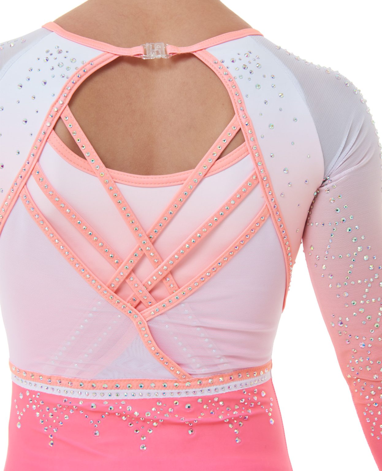 long_sleeve_leotard_maeve_peach_pink_ombre_02 new lycra 3/4 sleeve pink, white ombre lycra leotard and neon coral binding mesh sleeves AB crystals