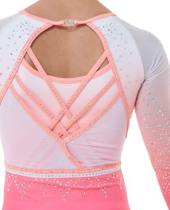 new lycra 3/4 sleeve pink, white ombre lycra leotard and neon coral binding mesh sleeves AB crystals