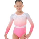 new lycra 3/4 sleeve pink, white ombre lycra leotard and neon coral binding mesh sleeves AB crystals