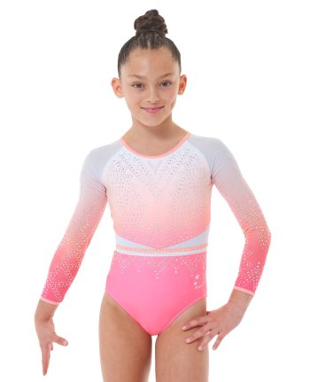 new lycra 3/4 sleeve pink, white ombre lycra leotard and neon coral binding mesh sleeves AB crystals