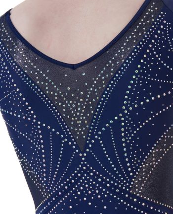 elegant navy lycra gymnastics long sleeve leotard with green crystals and green detailing