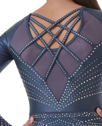 Grey Chintz and Mesh Gymnastics Long Sleeve Competition Leotard with AB crystals
