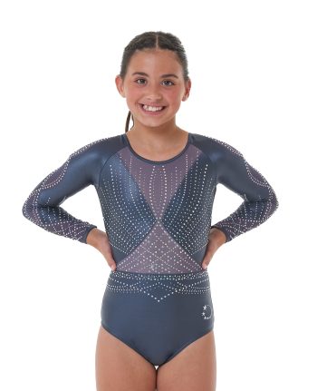 Grey Chintz and Mesh Gymnastics Long Sleeve Competition Leotard with AB crystals