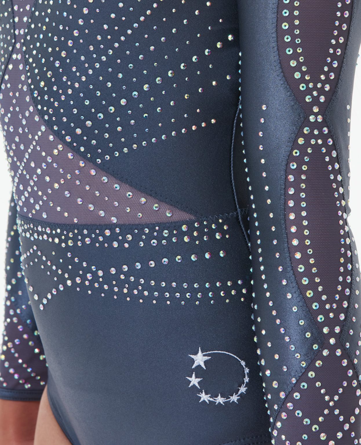 Grey Chintz and Mesh Gymnastics Long Sleeve Competition Leotard with AB crystals