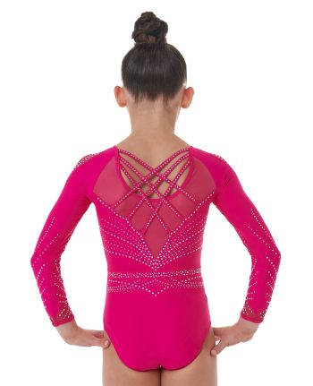 Pink Lycra and Mesh Gymnastics Long Sleeve Competition Leotard with crystals