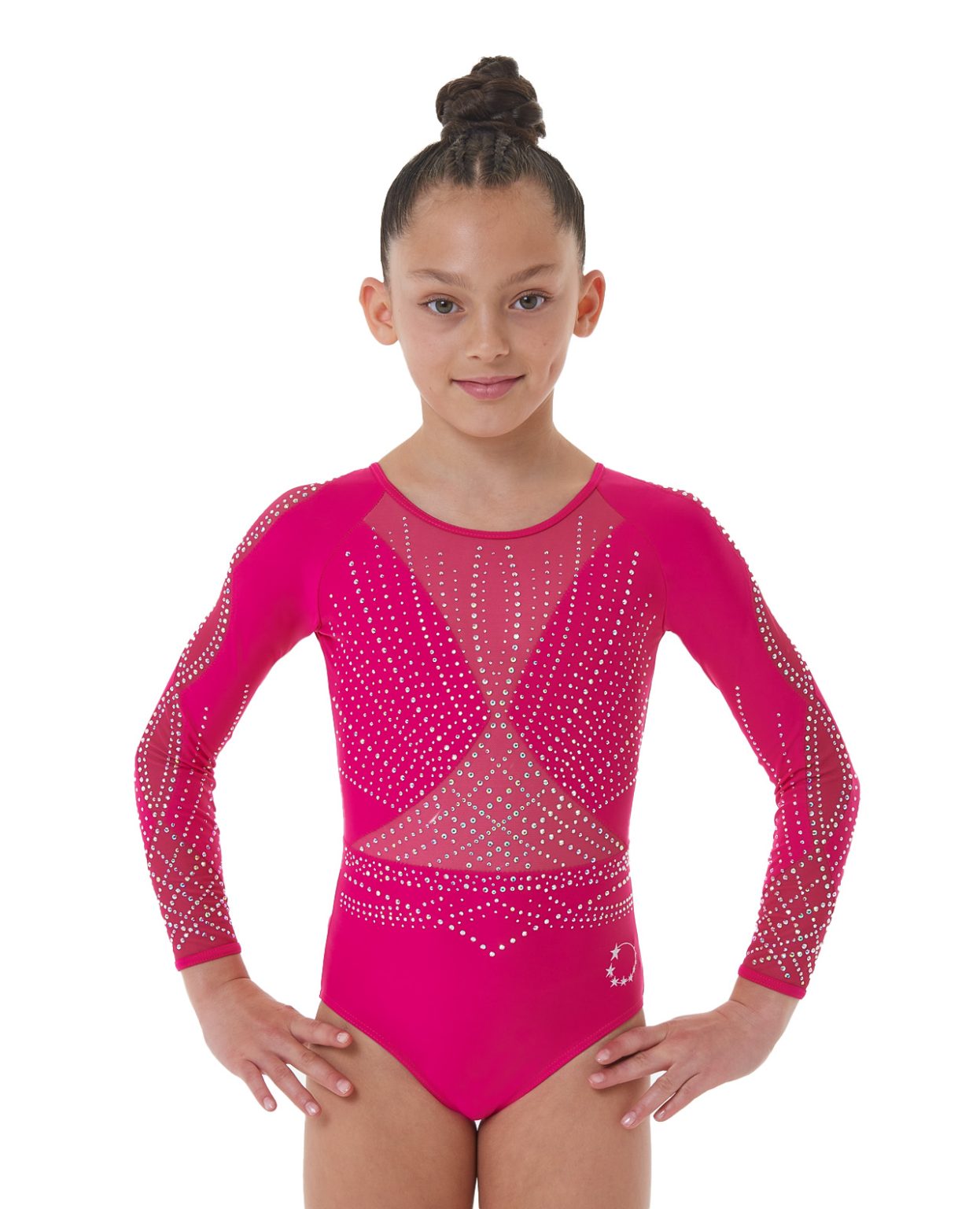 1146-glory-pink-competition-leotard-front Pink Lycra and Mesh Gymnastics Long Sleeve Competition Leotard with crystals