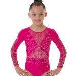 Pink Lycra and Mesh Gymnastics Long Sleeve Competition Leotard with crystals