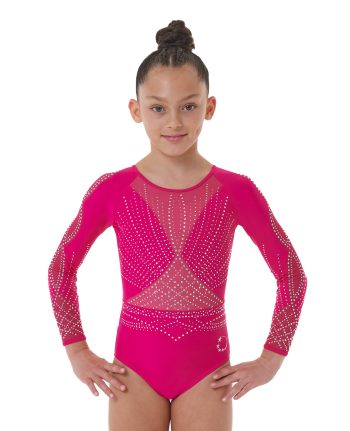 Pink Lycra and Mesh Gymnastics Long Sleeve Competition Leotard with crystals