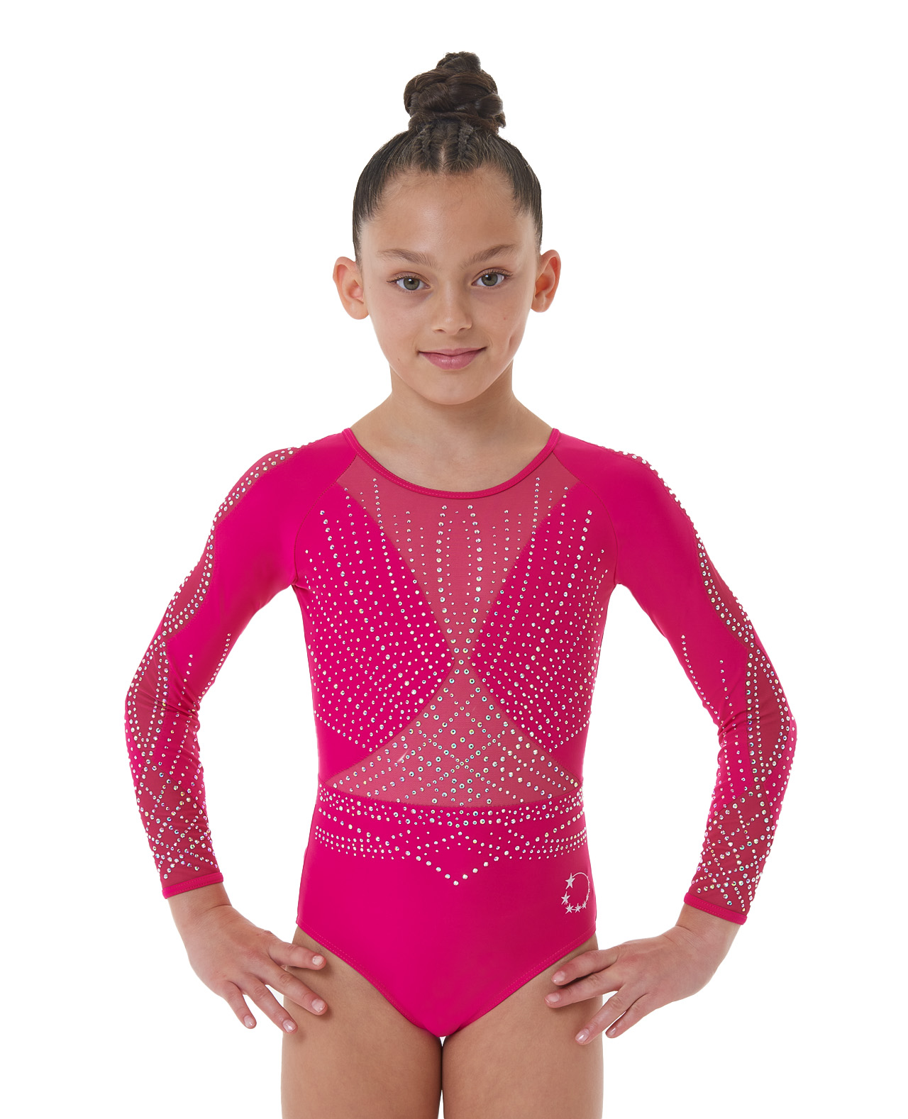 Pink Lycra and Mesh Gymnastics Long Sleeve Competition Leotard with crystals