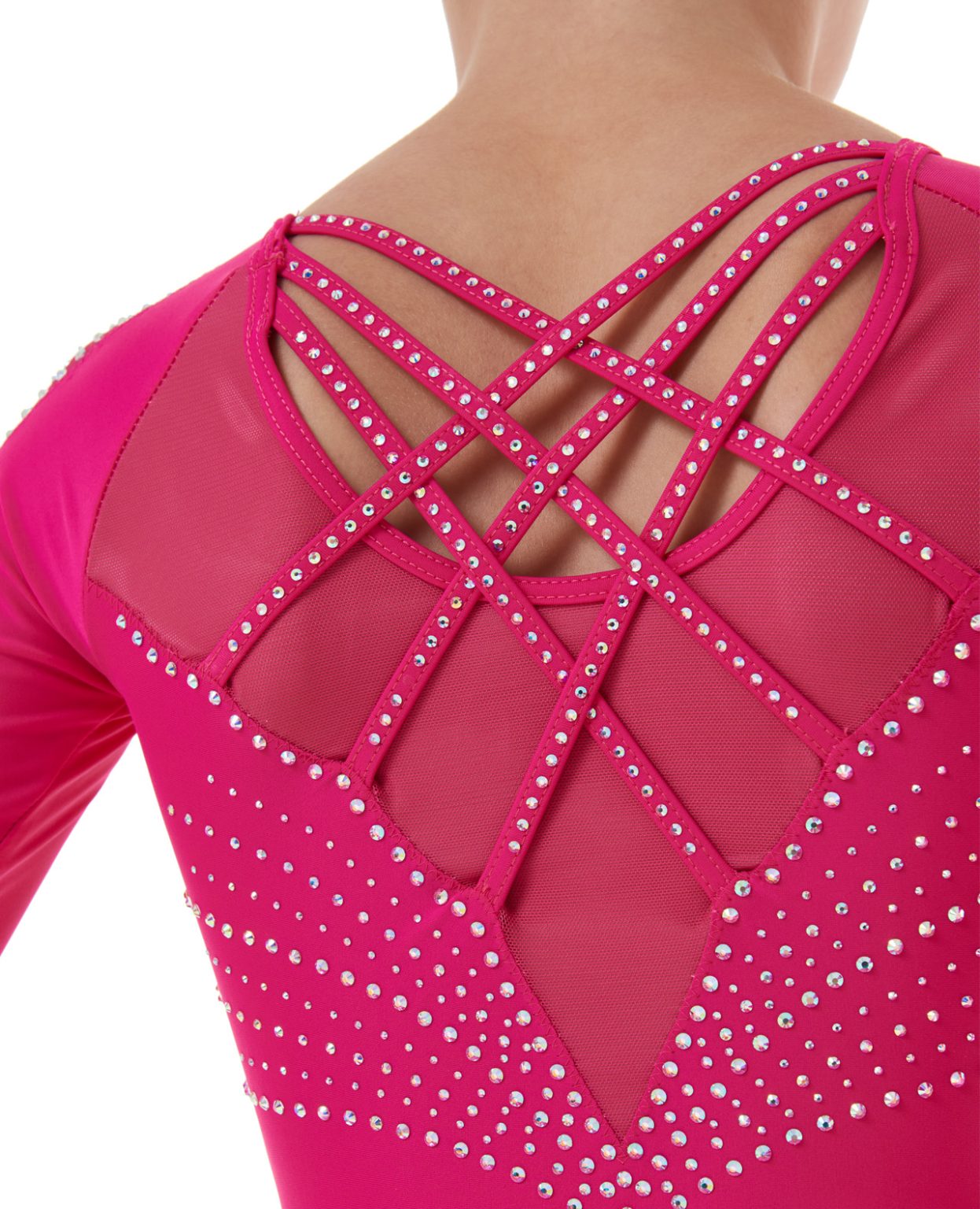 1146-glory-pink-name-long-sleeve-leotard-detail-02 Pink Lycra and Mesh Gymnastics Long Sleeve Competition Leotard with crystals