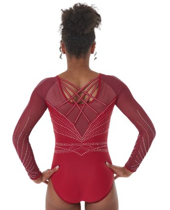 Deep Red Lycra and Mesh Gymnastics Long Sleeve Competition Leotard with dimanates back