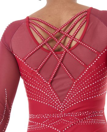 Deep Red Lycra and Mesh Gymnastics Long Sleeve Competition Leotard with dimanates back