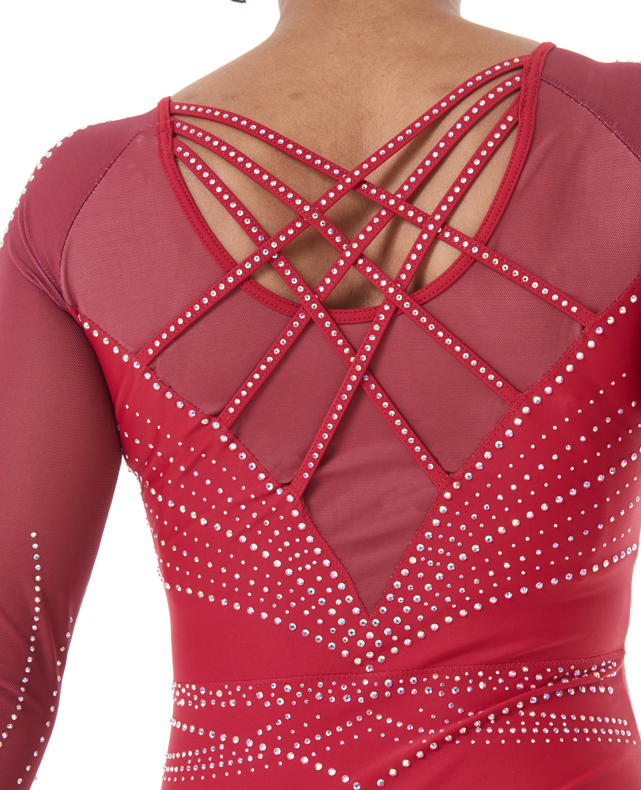1146-red-glory-competition-leotard-detail-01 Deep Red Lycra and Mesh Gymnastics Long Sleeve Competition Leotard with dimanates back