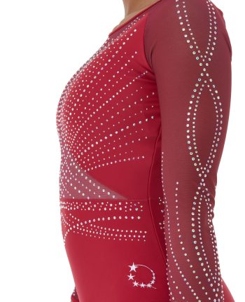Deep Red Lycra and Mesh Gymnastics Long Sleeve Competition Leotard with dimanates back