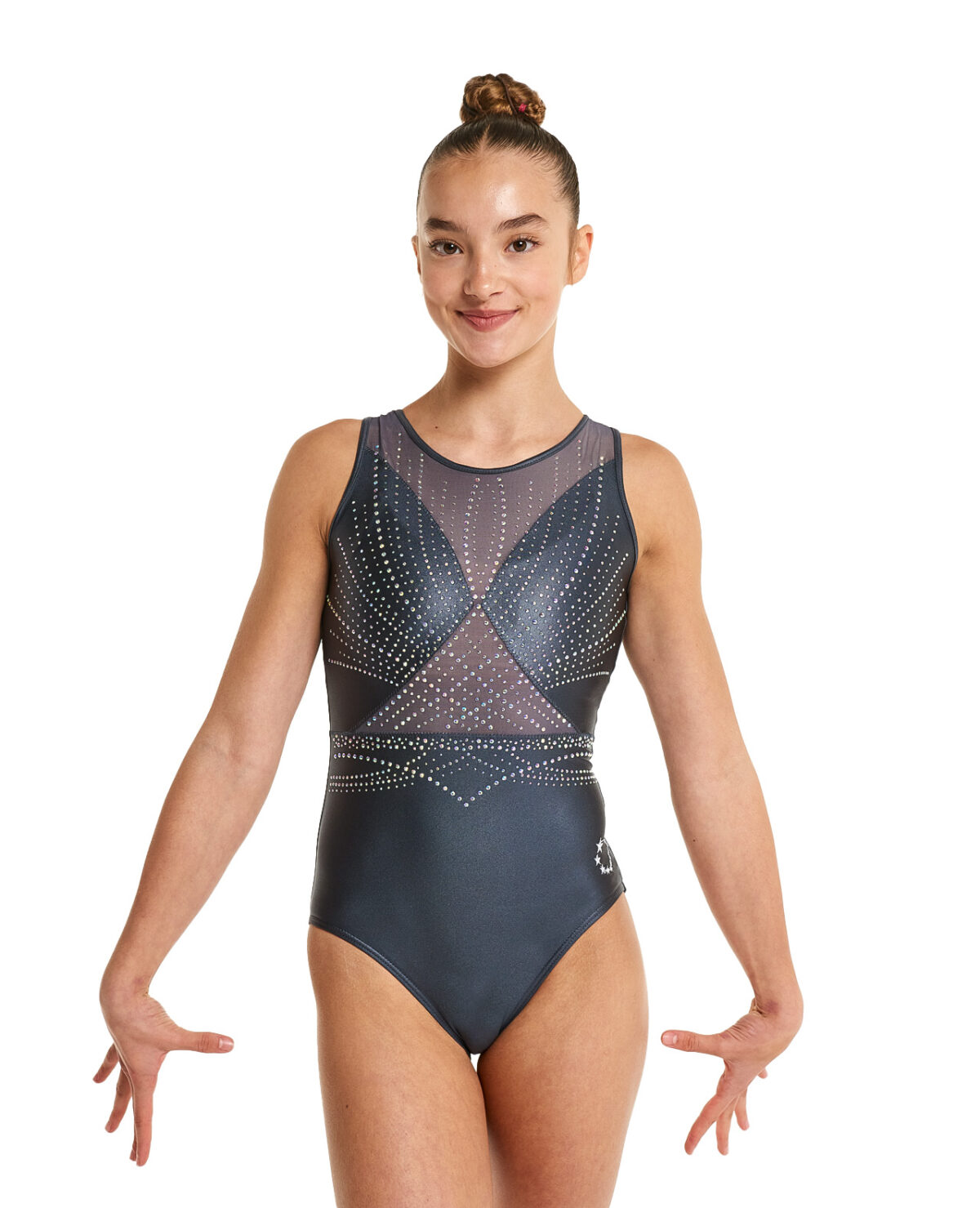 1146_glory_grey_chintz_leotard_04 original open back grey short sleeve gymnastics leotard in shiny chintz lycra with ab crystals