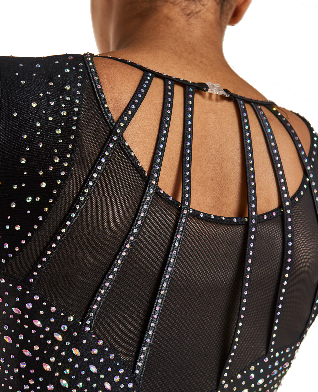 1197_glory_black_chintz_leotard_02 gymnastics long sleeve competition leotard in black chintz lycra with AB crystal design clip back