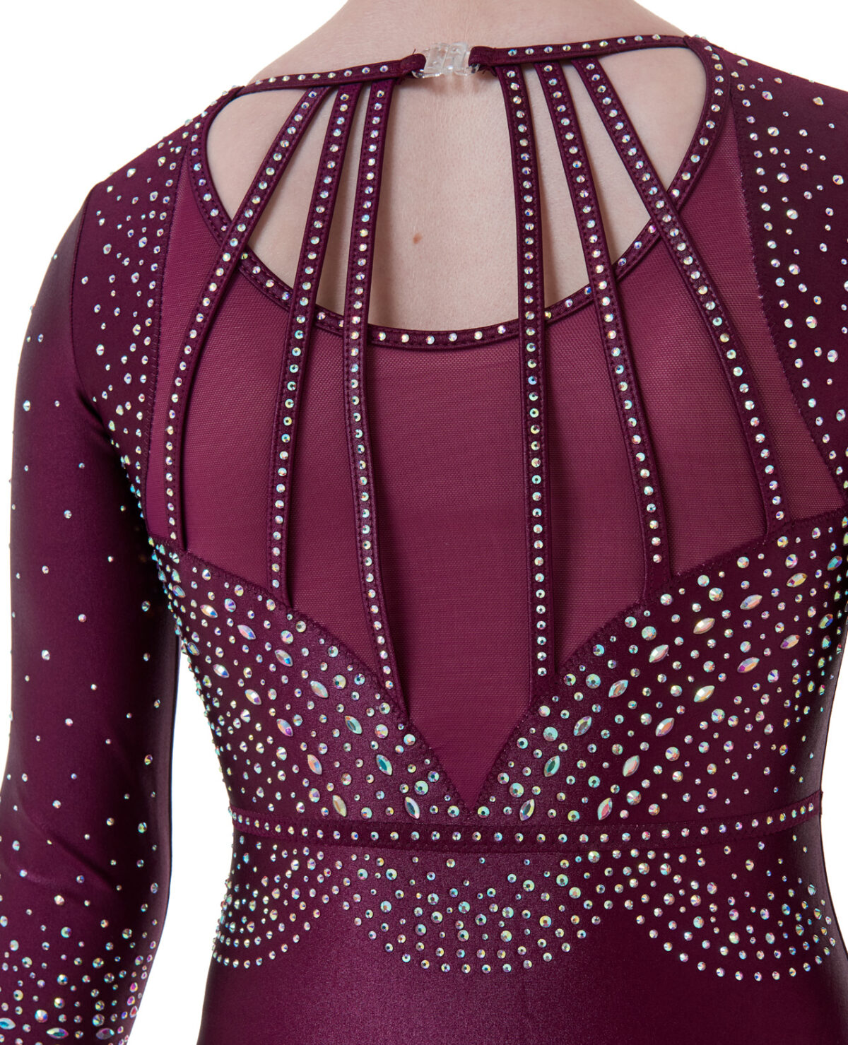 1197_grace_burgundy_chinzt_competition_leotard_03 open back burgundy wine soft stretch chintz gymnastics long sleeve competition leotard with AB crystals