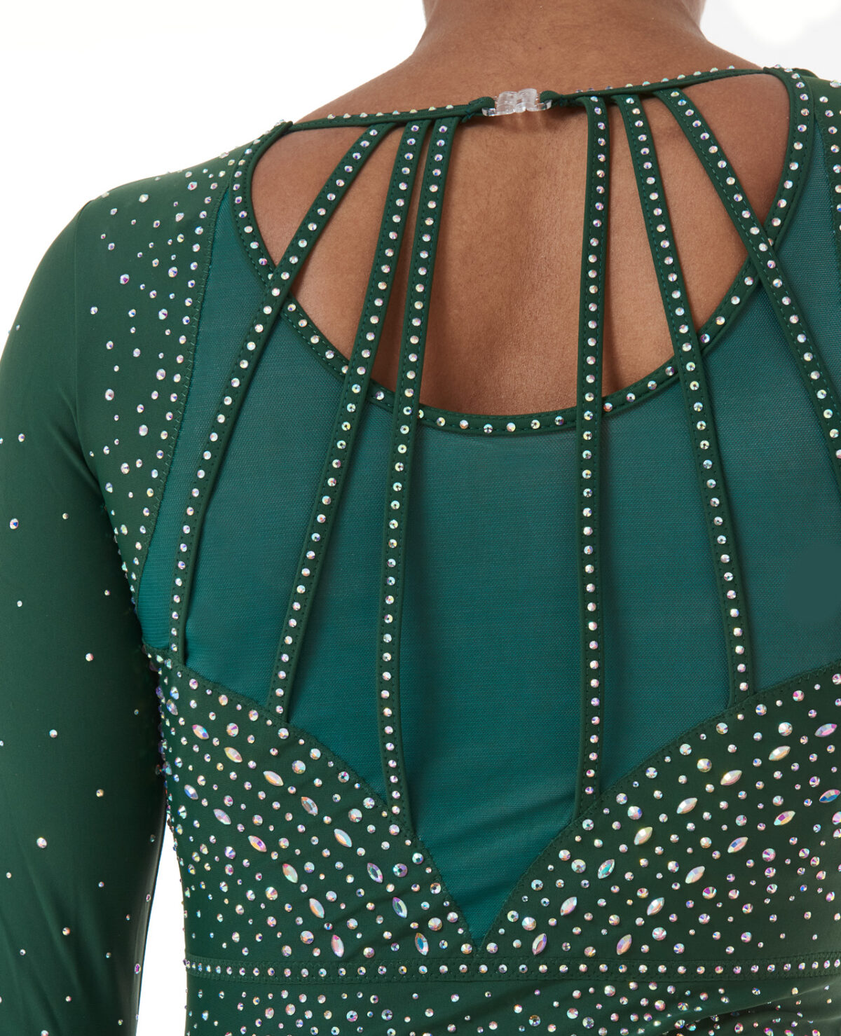 1197_grace_dark_green_lycra_competition_leotard_04 open back dark green soft stretch lycra gymnastics long sleeve competition leotard with AB crystals