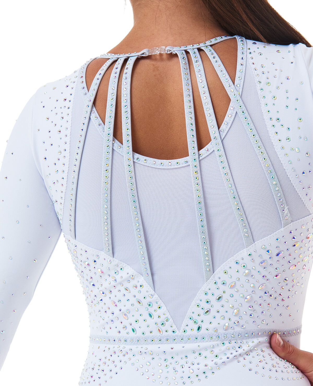 white silver soft stretch lycra gymnastics long sleeve competition leotard with AB crystals