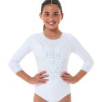 white silver soft stretch lycra gymnastics long sleeve competition leotard with AB crystals