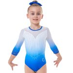 Long Sleeve Women's Competition Leotard Diamantes Royal Blue and white ombre