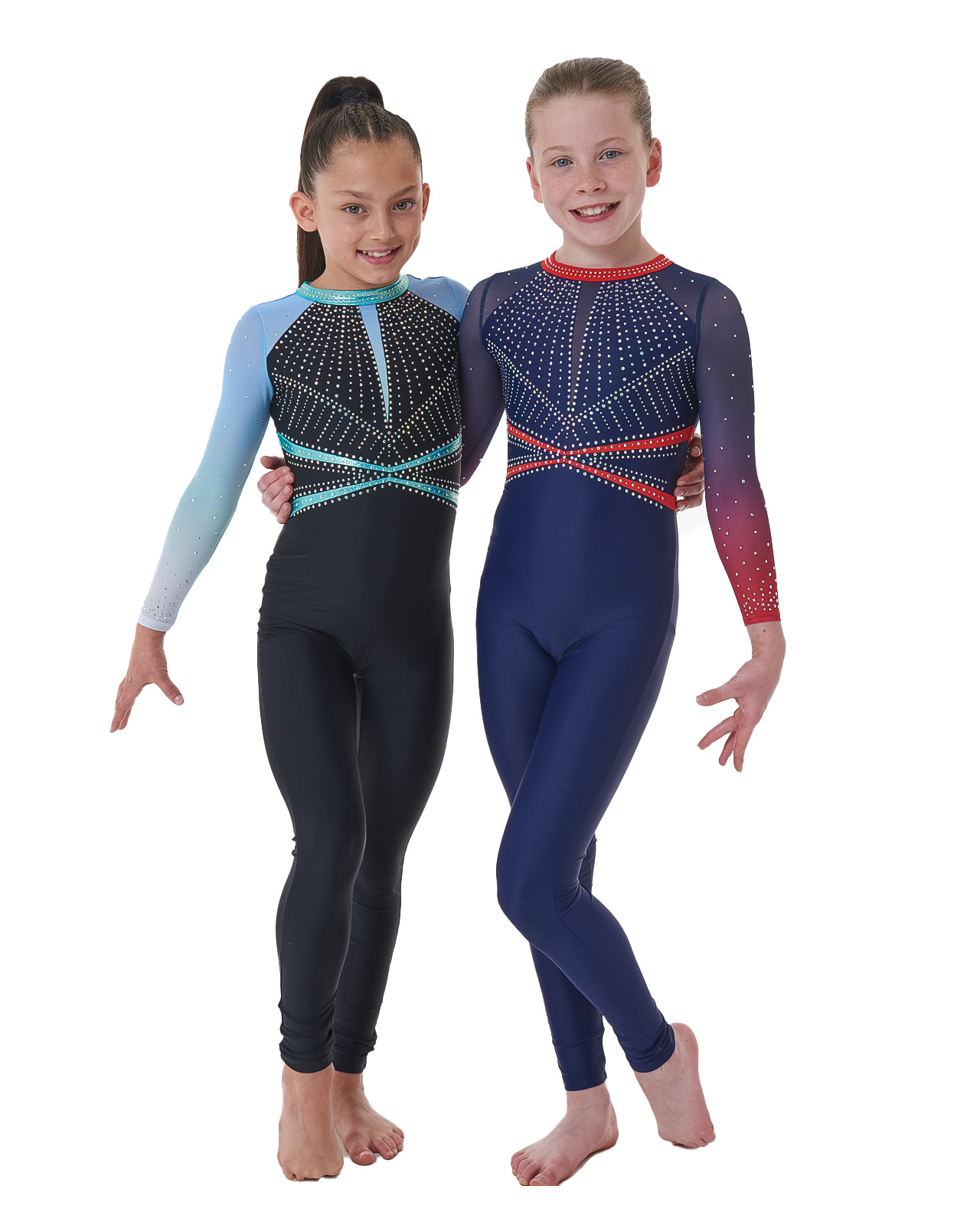 gymnastics dance team gym unitard in navy lycra with AB crystals and red and mint green detail