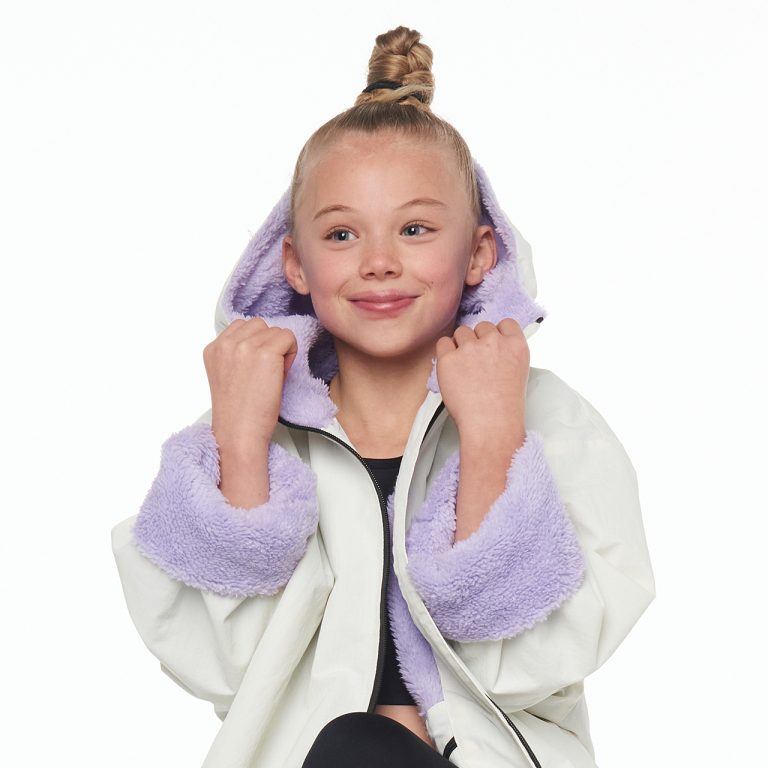 cute lilac and cream fluffy waterproof gymnastics robe in childrens sizes