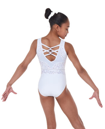 white lycra gymnastics training leotard with crystals