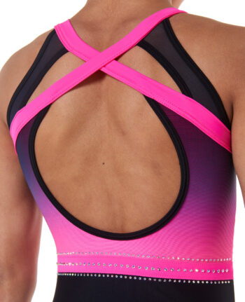 neon pink and black lycra open back gymnastics leotard