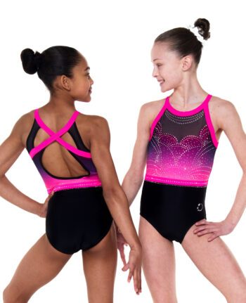 neon pink and black lycra open back gymnastics training tank leotard