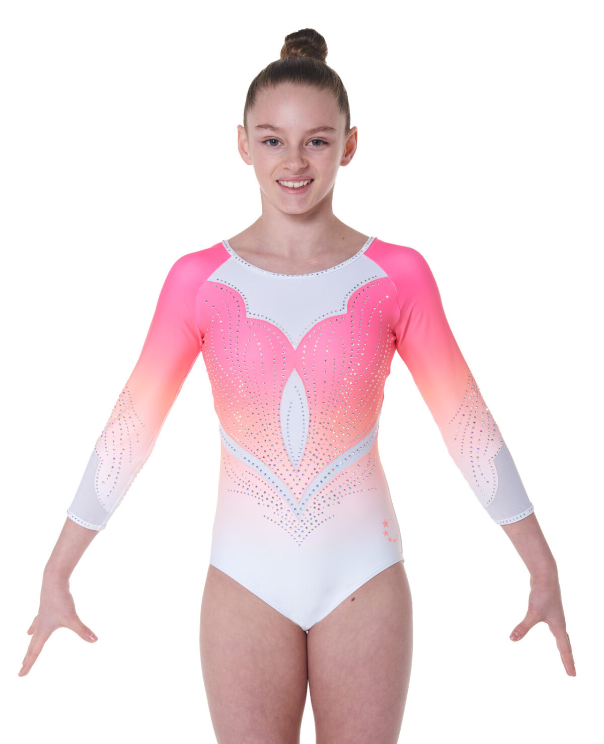 coral pink and white sunset ombre summer competitive gymnasatis leotard
