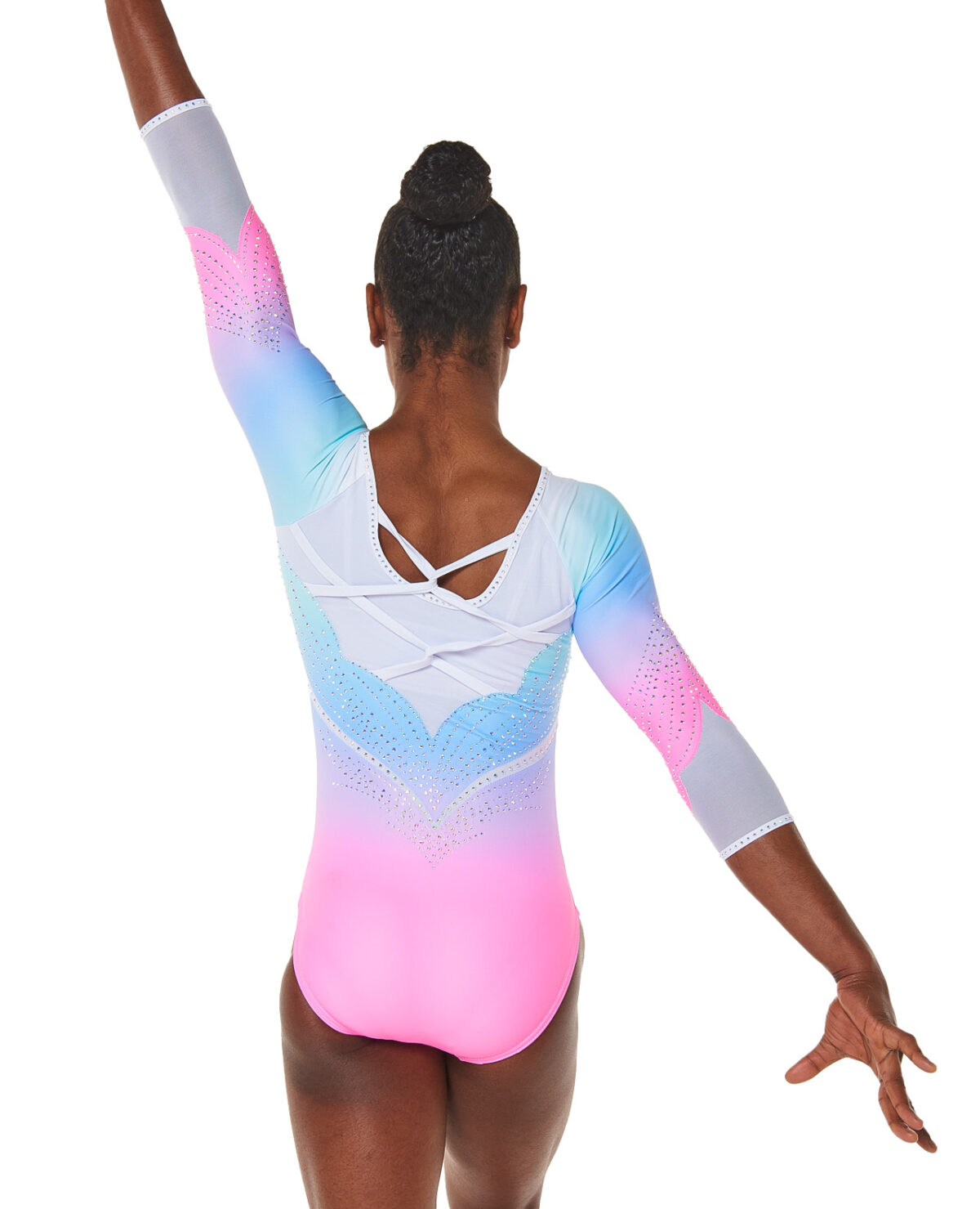 white and neon pink and blue ombre artistic gymnastics competition leotard