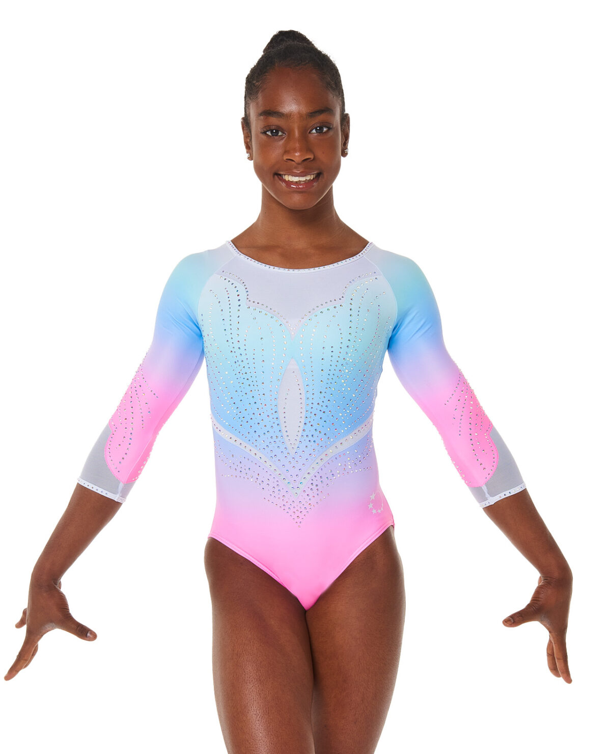 white and neon pink and blue ombre artistic gymnastics competition leotard