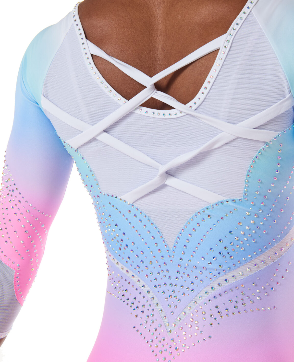 white and neon pink and blue ombre artistic gymnastics competition leotard