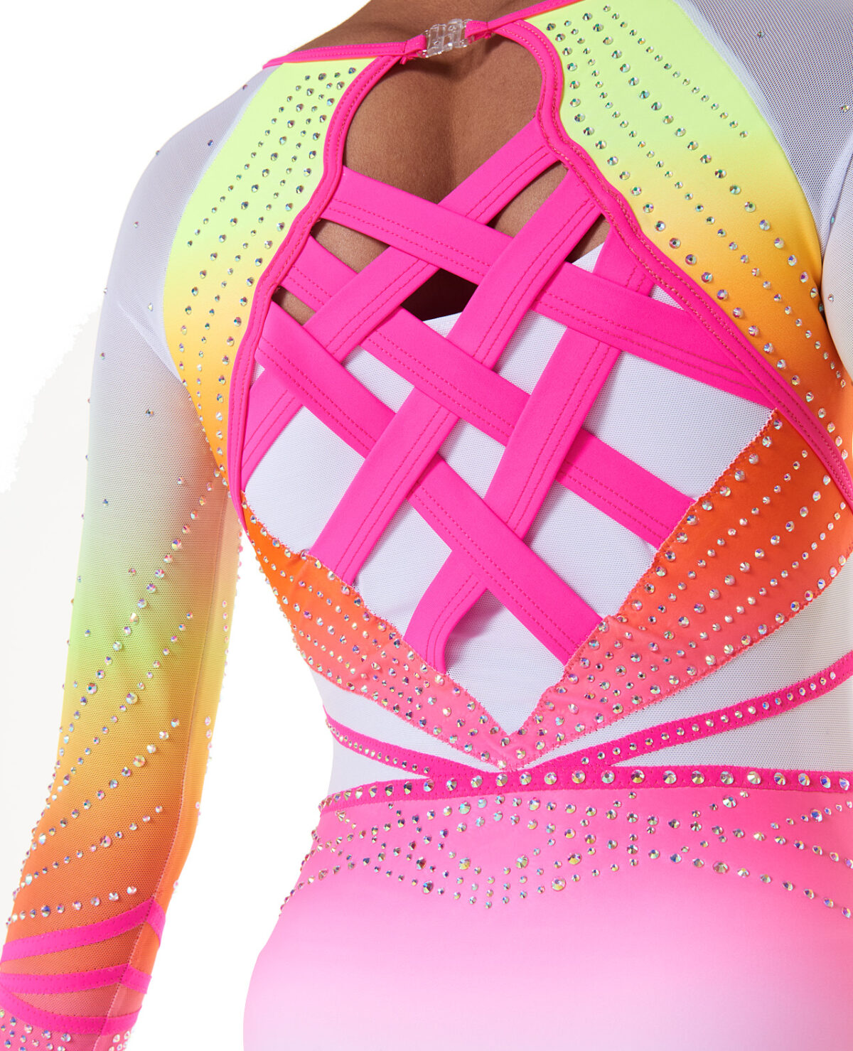 1149_reva_competition_long_sleeve_neon_ombre_03 white neon pink and yellow ombre long sleeve leotard with diamantes