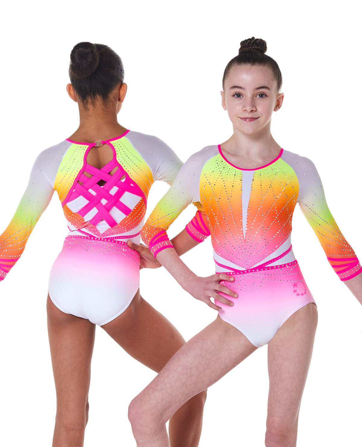 1149_reva_competition_long_sleeve_neon_ombre_05 cute bright neon pink ombre gymnastics leotard with long sleeve