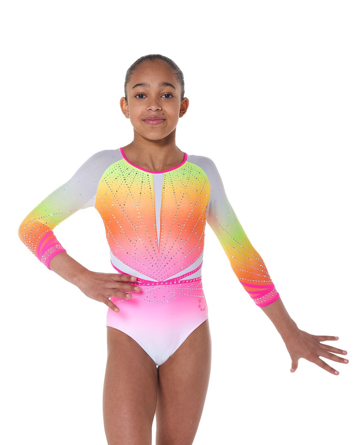 white neon pink and yellow ombre long sleeve leotard with diamantes