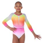 white neon pink and yellow ombre long sleeve leotard with diamantes