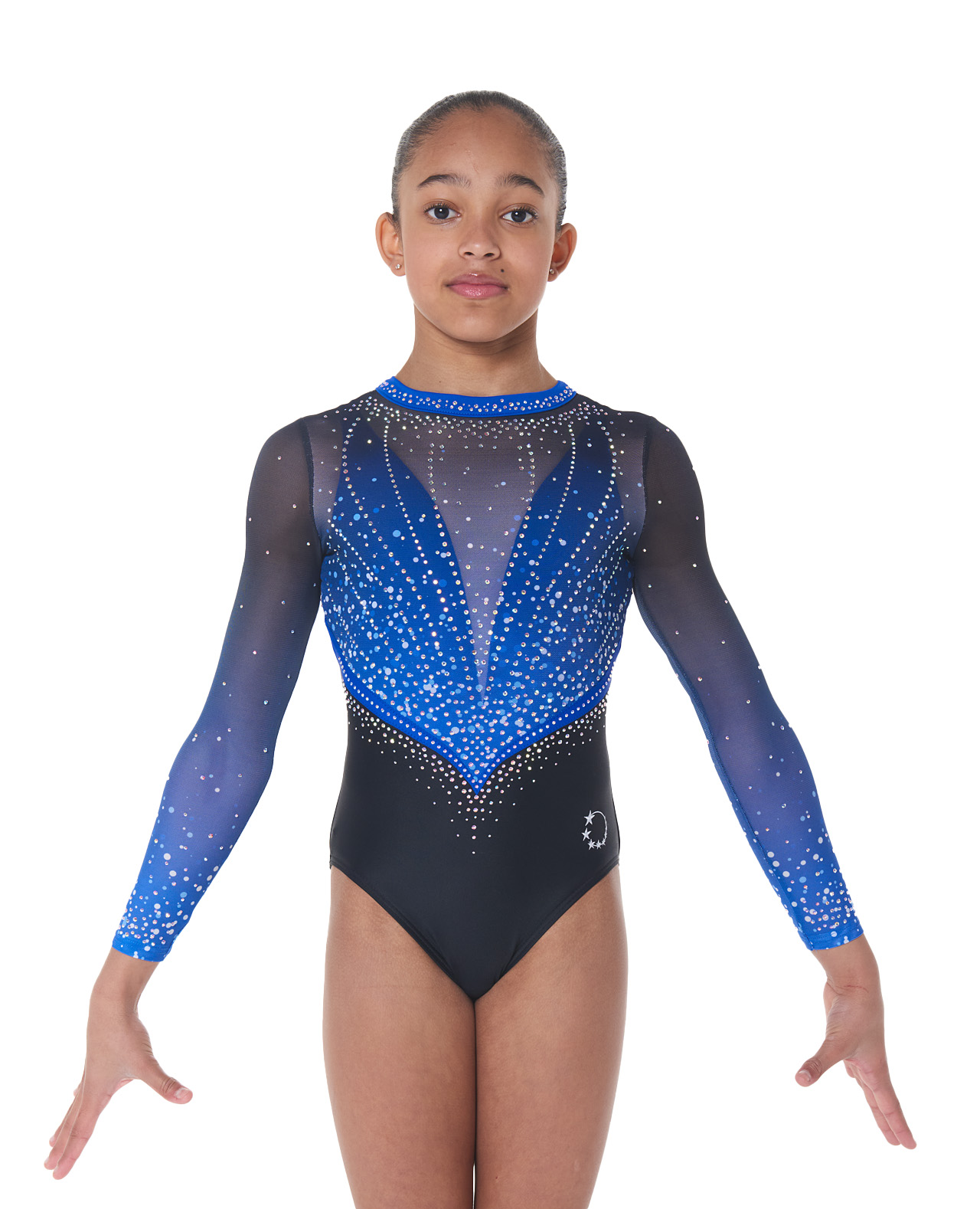 royal blue and black printed gymnastics long sleeve leotard with AB crystals