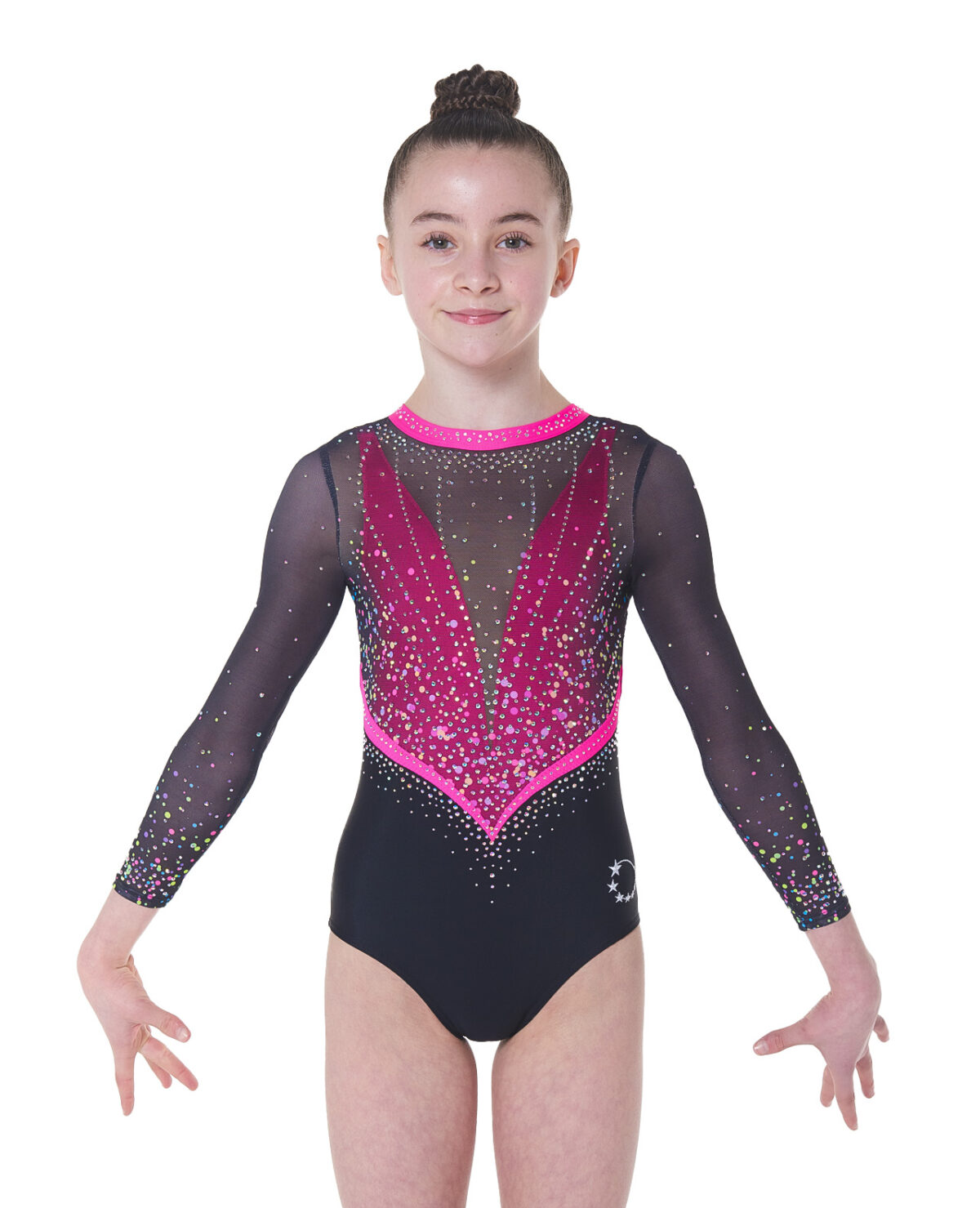neon pink and black printed gymnastics long sleeve leotard with AB crystals