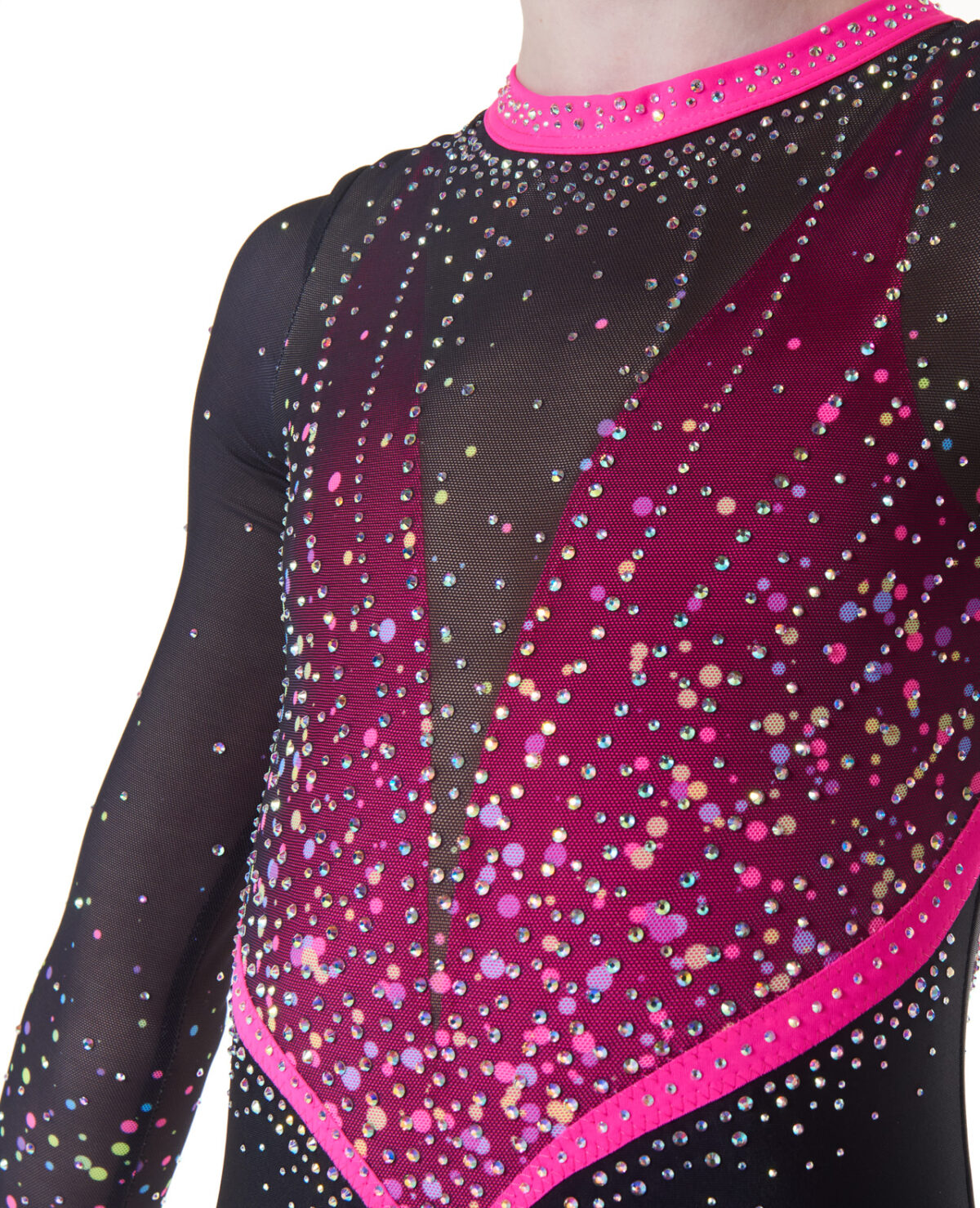 1174_rejoice_competition_long_sleeve_neon_pink_black_05 neon pink and black printed gymnastics long sleeve leotard with AB crystals